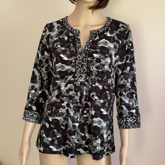 Susan Graver Printed Dot Liquid Knit Tunic Top Ruched Neck Contrast Cuff S - Picture 1 of 9